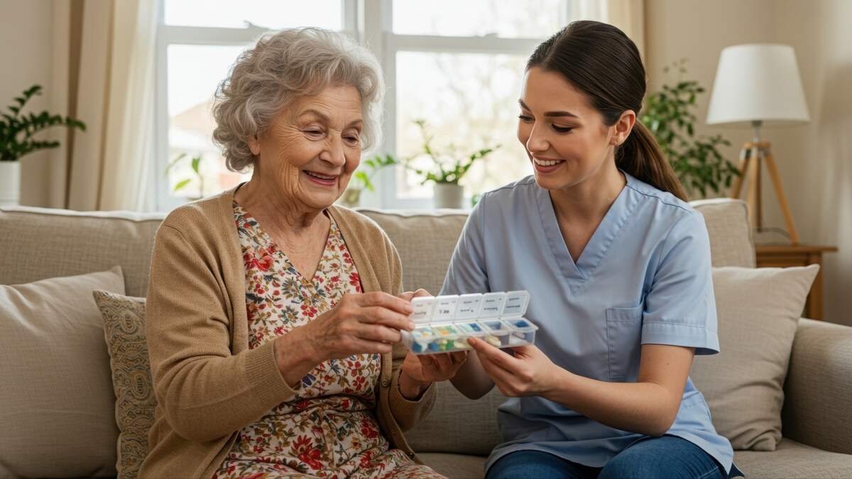 An older woman and a nurse look at pills